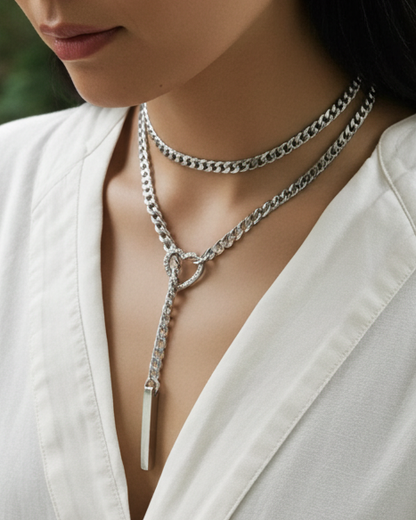 Steel Slip Chain Lariat Wrap Heart & Bar pendant | Intimate Tuggable Jewelry for Couples