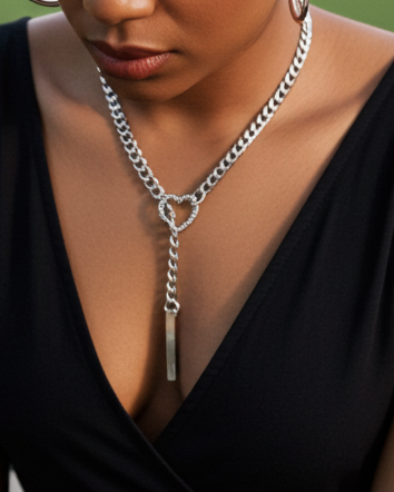 Steel Slip Chain Lariat Wrap Heart & Bar pendant | Intimate Tuggable Jewelry for Couples