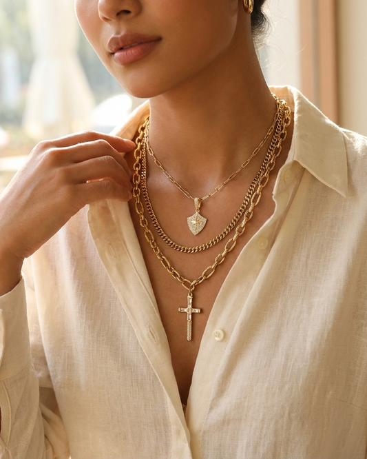 24K Gold Plated Layered Viking Necklace – Shield & Sword Pendant, Adjustable