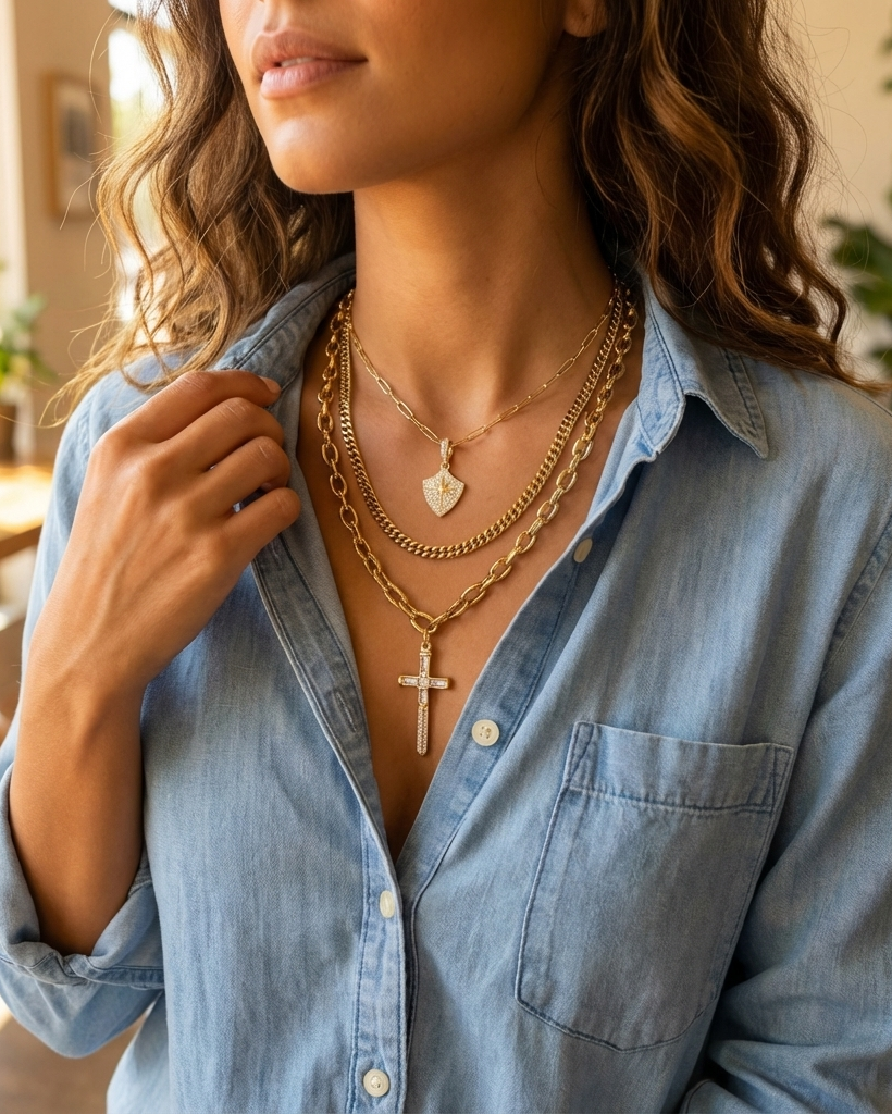 24K Gold Plated Layered Viking Necklace – Shield & Sword Pendant, Adjustable