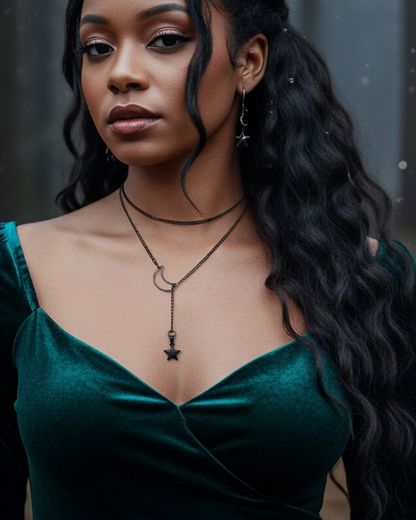 Schwarzer Stahl Mond Gothic Lariat Choker Wrap Halskette | Pagan Witch Aesthetic