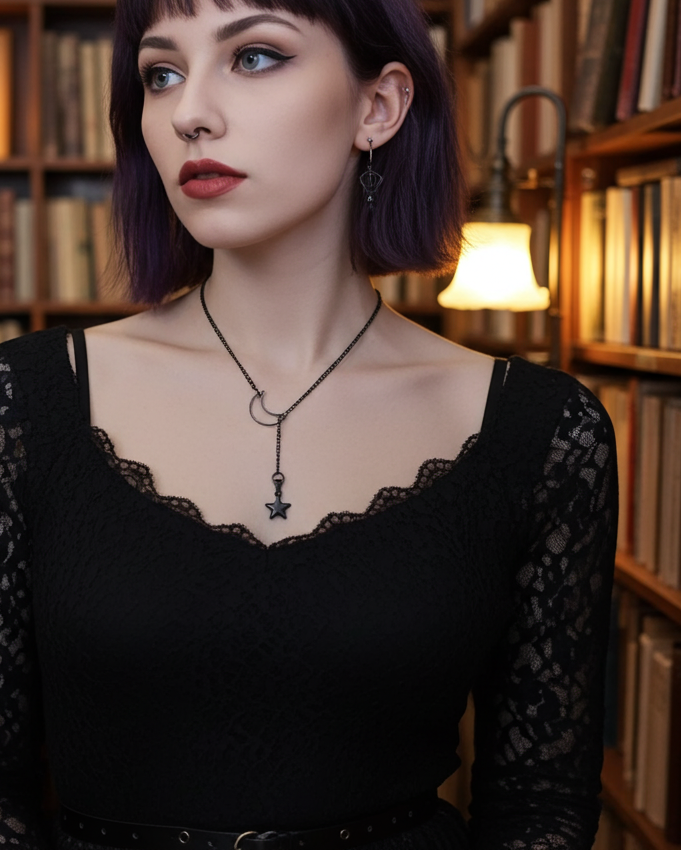 Schwarzer Stahl Mond Gothic Lariat Choker Wrap Halskette | Pagan Witch Aesthetic