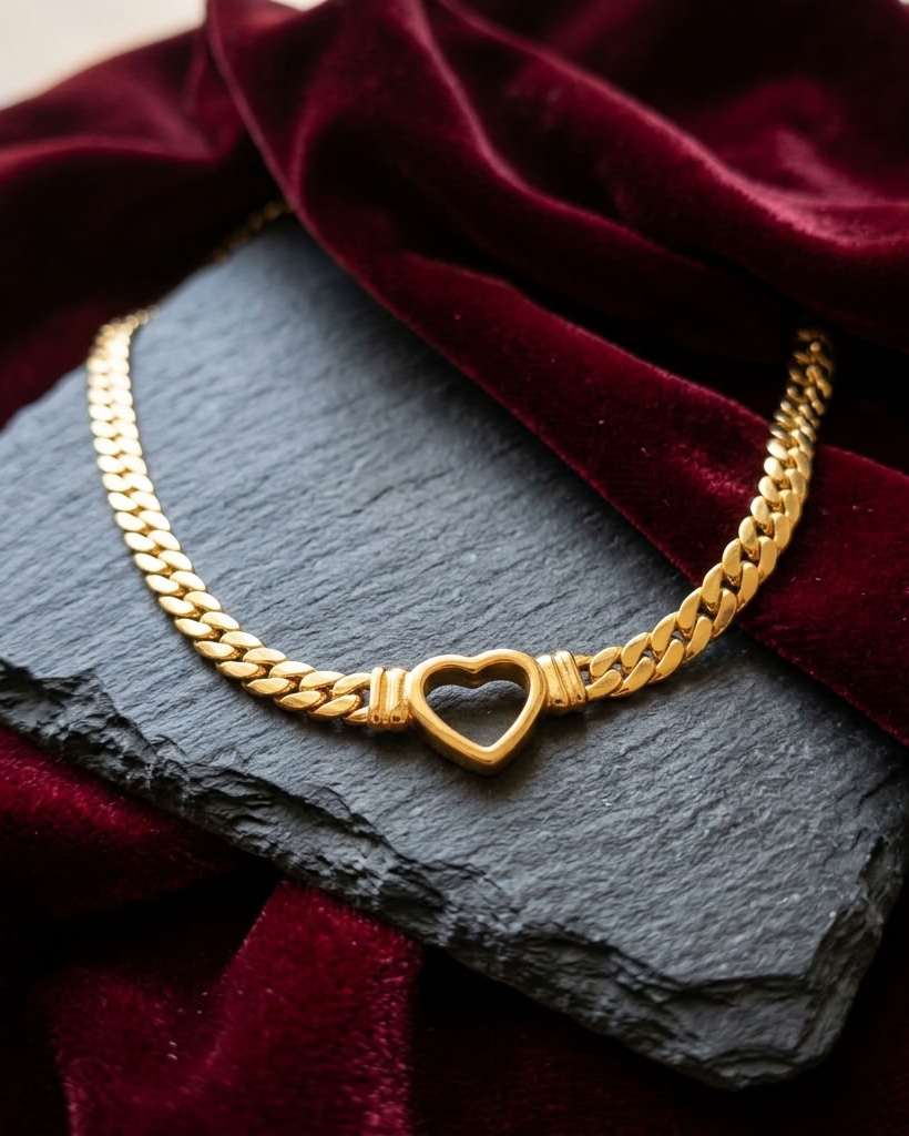 Gold Plated Steel Day Collar Heart Choker - Flat Chain - Adjustable & Locking Options
