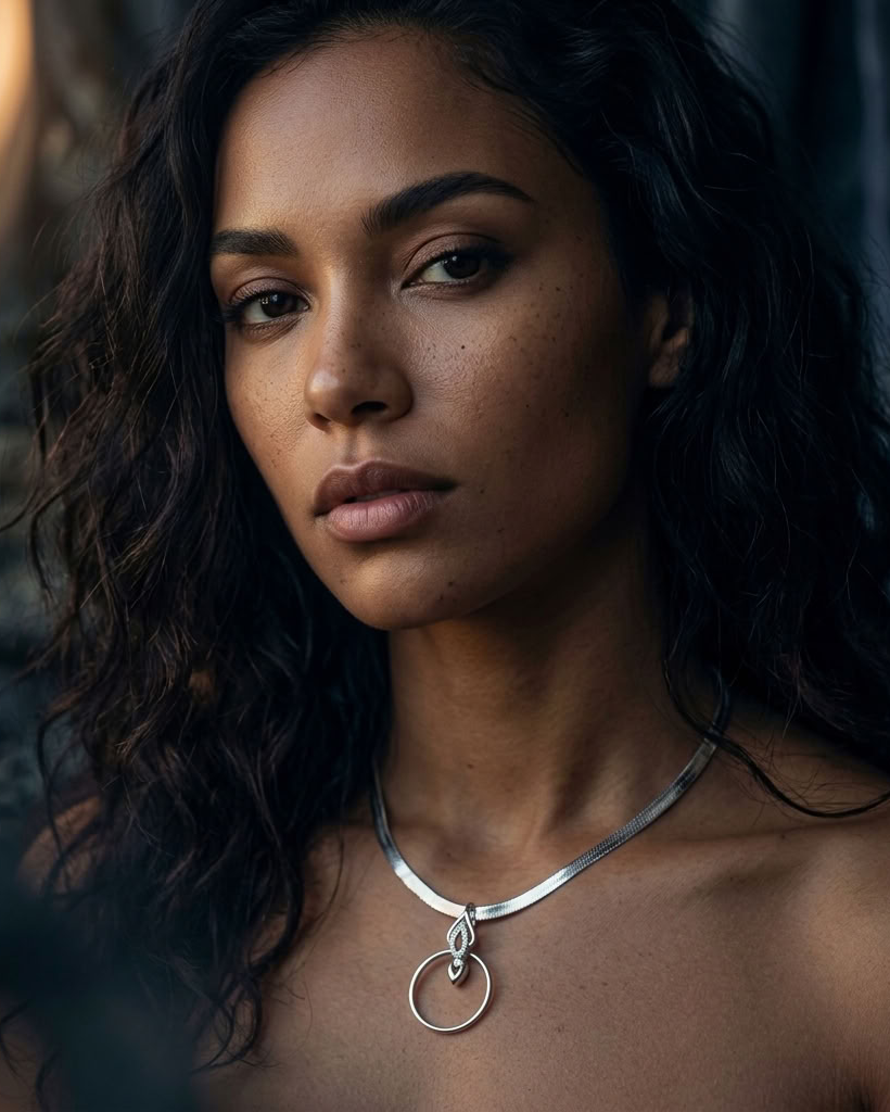 A close-up portrait of a woman with dark curly hair wearing a polished silver necklace with a double-ring pendant, set against a dark, moody background.