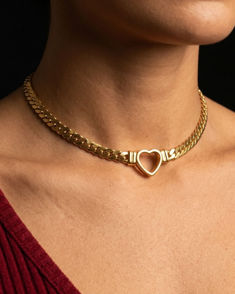 A close-up of a gold chain necklace worn on a model's neck, featuring a heart-shaped clasp. The model is wearing a dark red ribbed top against a solid black background.