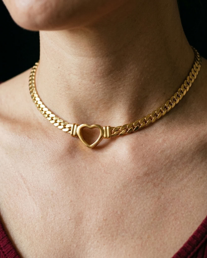 Gold Plated Steel Day Collar Heart Choker - Flat Chain - Adjustable & Locking Options