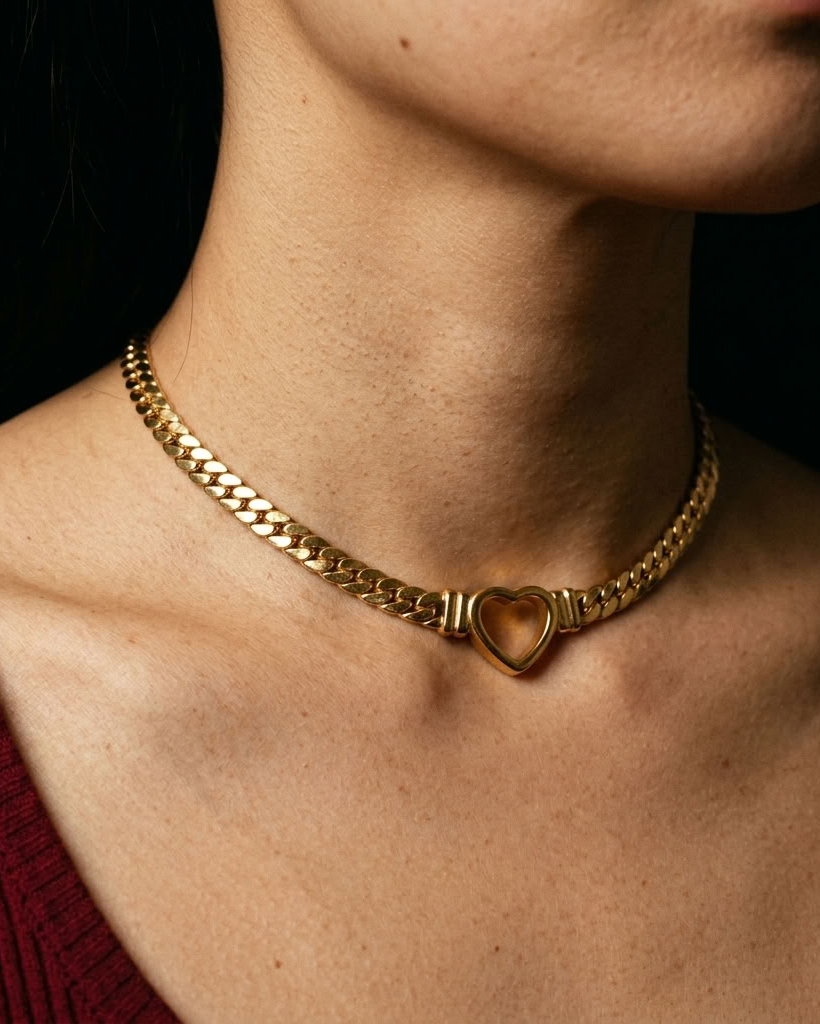 A close-up of a person's neck and upper chest wearing a gold chain choker necklace with a heart-shaped clasp, paired with a burgundy top against a dark background.