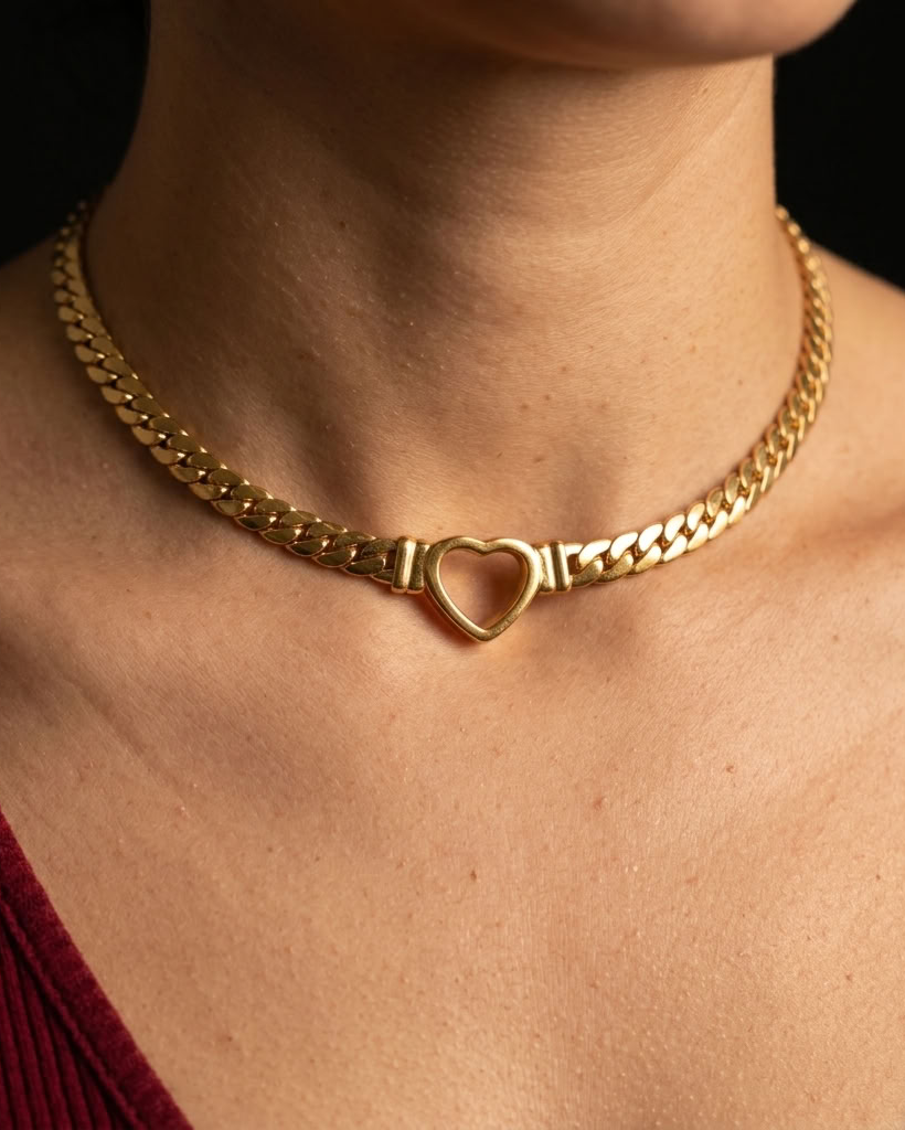 Gold Plated Steel Day Collar Heart Choker - Flat Chain - Adjustable & Locking Options