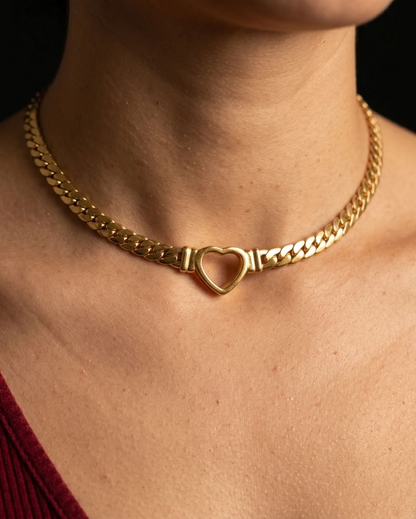 Gold Plated Steel Day Collar Heart Choker - Flat Chain - Adjustable & Locking Options