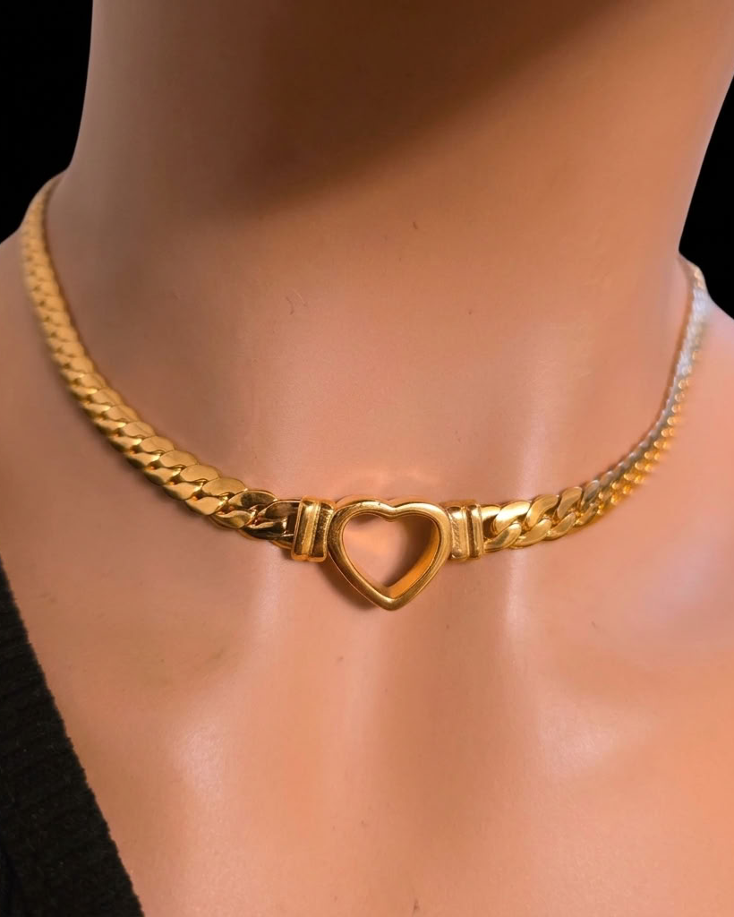 Gold Plated Steel Day Collar Heart Choker - Flat Chain - Adjustable & Locking Options