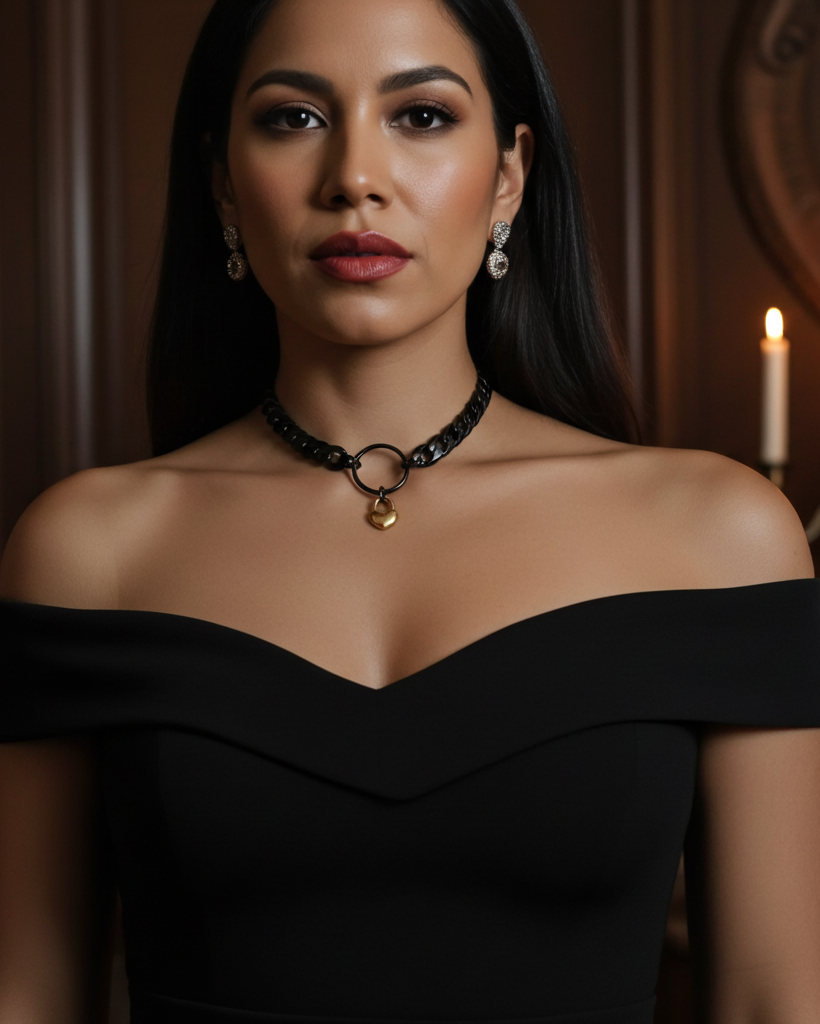 Woman wearing a black off-shoulder dress with a necklace in a dimly lit room.