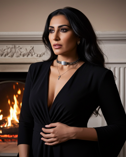 Woman in a black dress standing in front of a fireplace