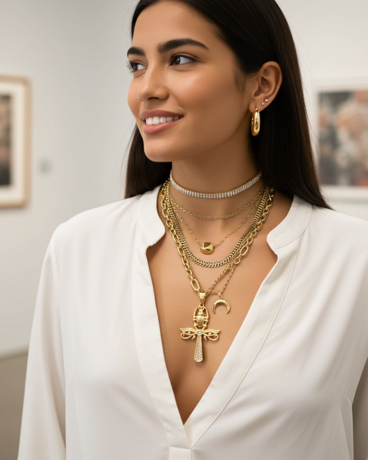 Gold geschichtet Ankh Skarabäus Chunky Luxus Kette Halskette - Maximalist Schmuck Ästhetik