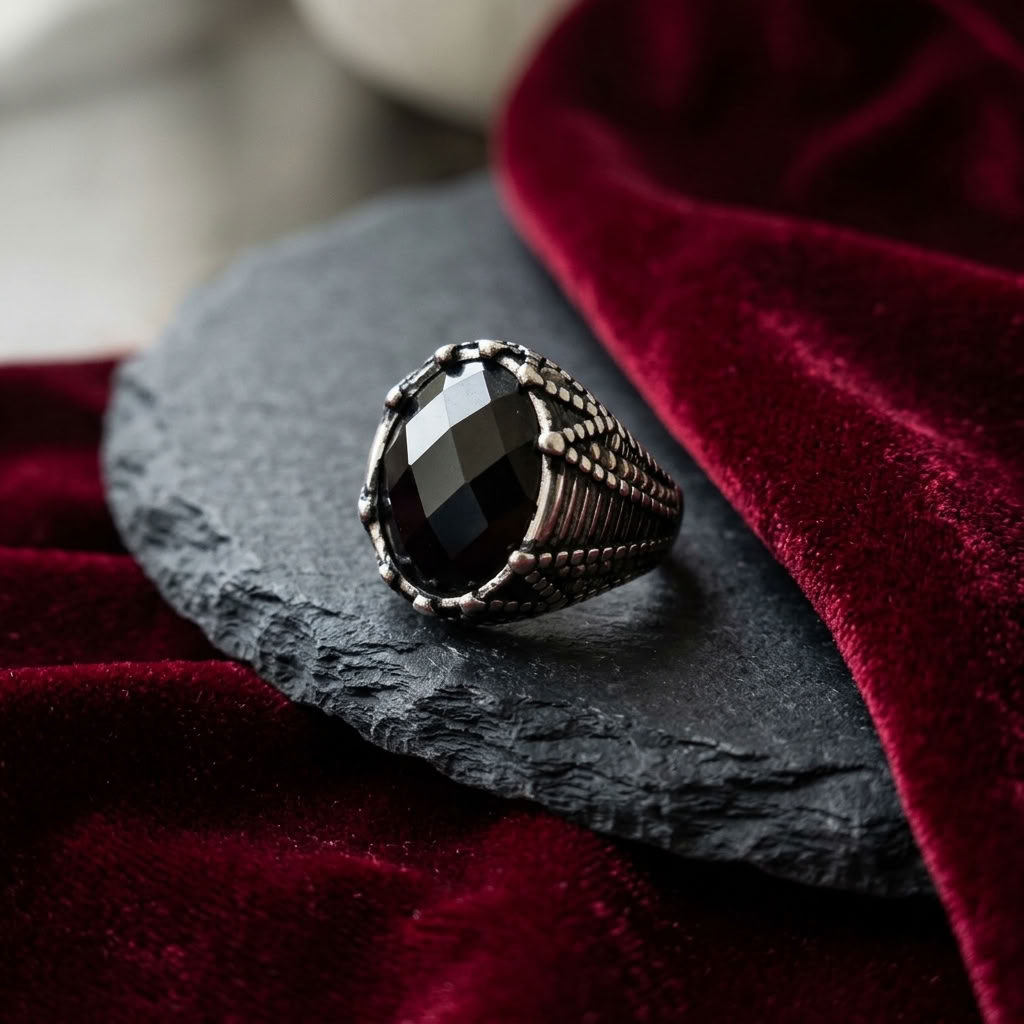 A gothic-style silver ring with a large faceted black gemstone, resting on a dark slate slab over a deep red velvet fabric background.