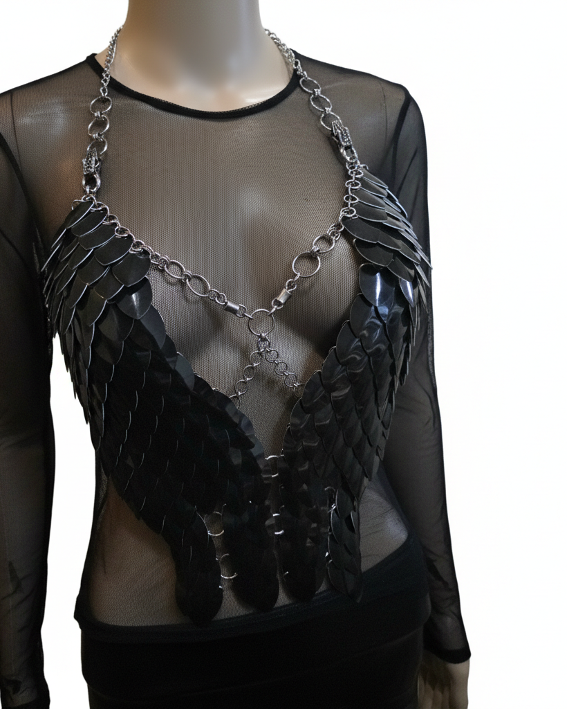 Black Scale Armor Top — Sculptural Wearable Armor in Shiny Black Metal