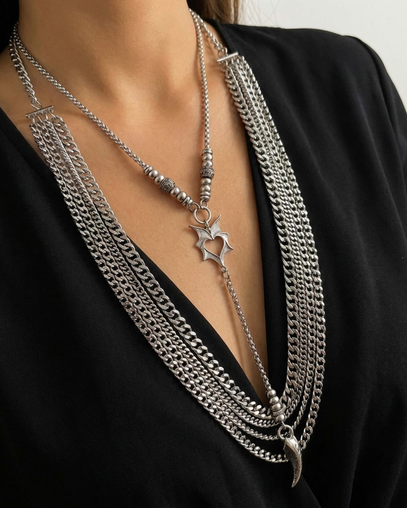 Silver chain necklace with star pendant on a black top