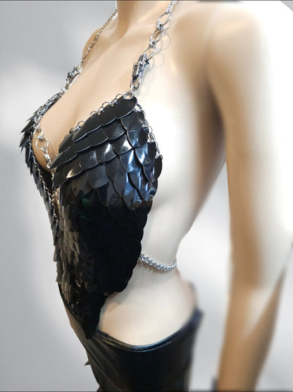 Black Scale Armor Top — Sculptural Wearable Armor in Shiny Black Metal