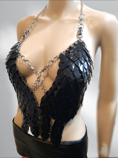 Black Scale Armor Top — Sculptural Wearable Armor in Shiny Black Metal