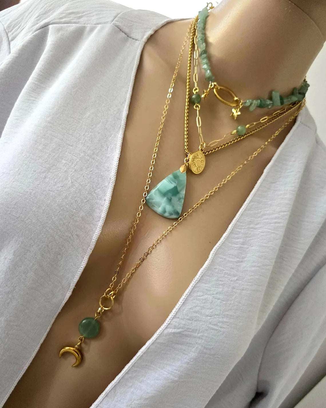 Layered Aventurin & Hemimorphite Halskette Set - 4 separate 18k vergoldet Halsketten Echte Steine - Einstellbare Länge