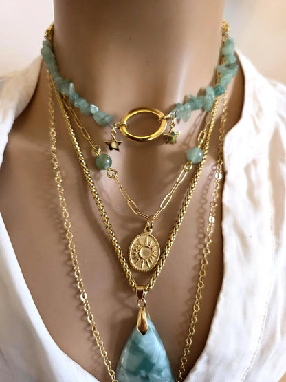 Layered Aventurin & Hemimorphite Halskette Set - 4 separate 18k vergoldet Halsketten Echte Steine - Einstellbare Länge