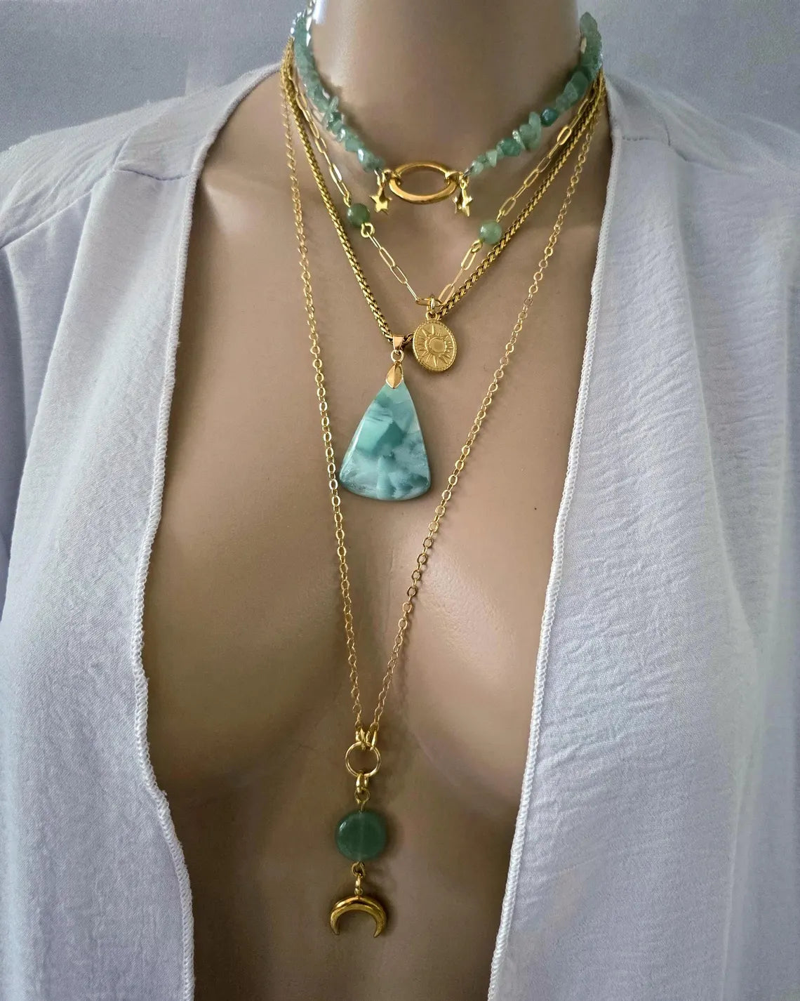 Layered Aventurin & Hemimorphite Halskette Set - 4 separate 18k vergoldet Halsketten Echte Steine - Einstellbare Länge