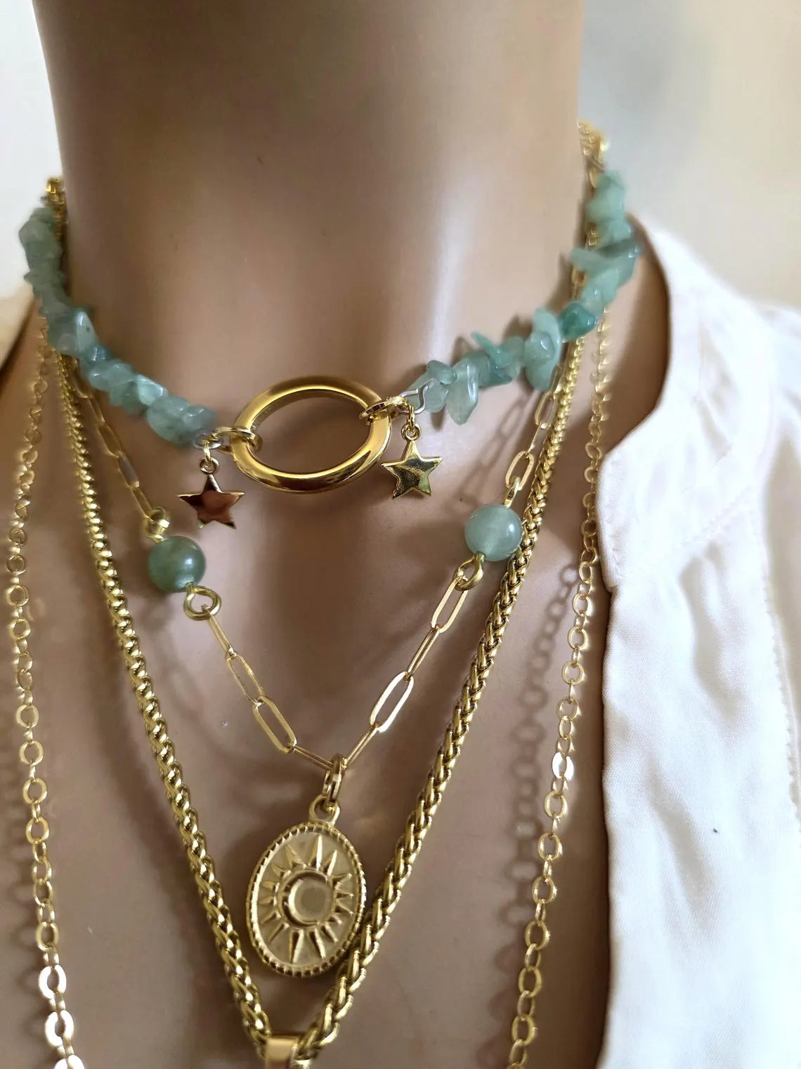 Layered Aventurin & Hemimorphite Halskette Set - 4 separate 18k vergoldet Halsketten Echte Steine - Einstellbare Länge