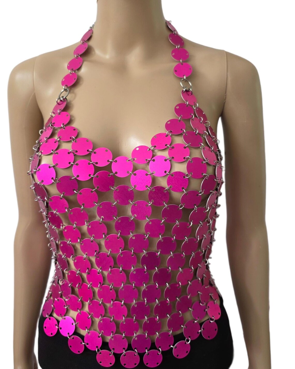 Hot Pink Disc Body Chain Halter Top  – Festival Gala Goddess Formal Accessory