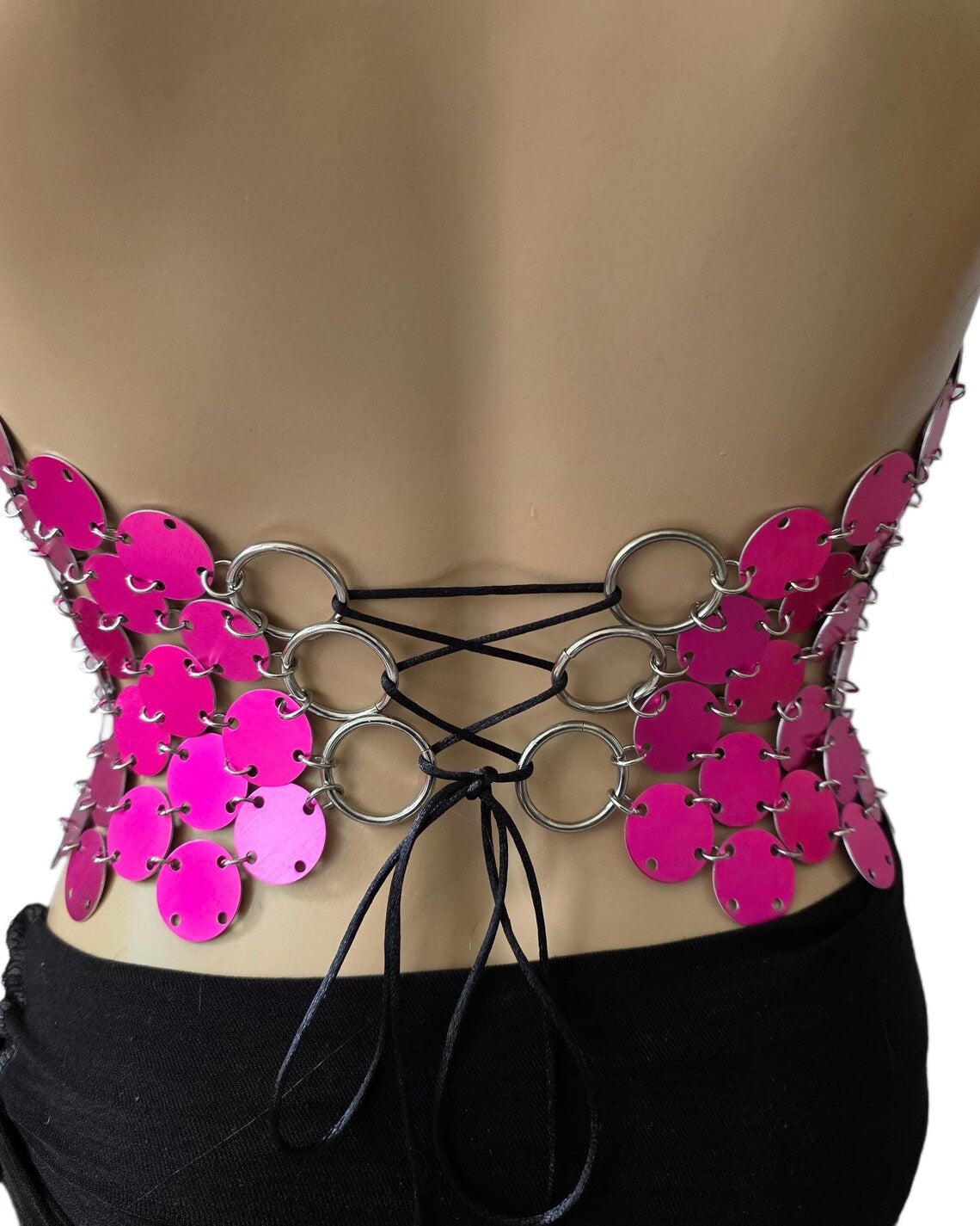 Hot Pink Disc Body Chain Halter Top  – Festival Gala Goddess Formal Accessory