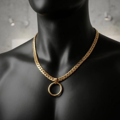 Masc Style Gold Steel Day Collar, O-Ring Pendant, Precision Fit with Locking Option - Herringbone Chain Symbolic Necklace