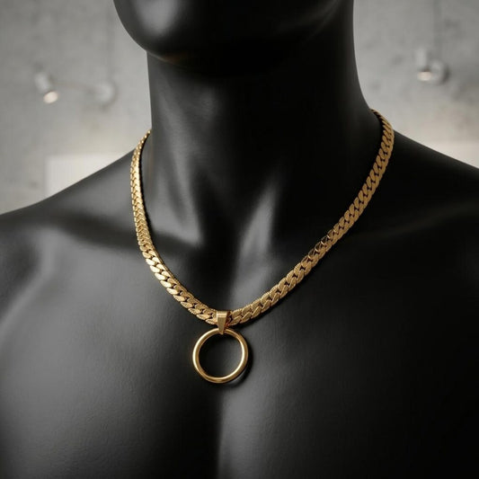 Masc Style Gold Steel Day Collar, O-Ring Pendant, Precision Fit with Locking Option - Herringbone Chain Symbolic Necklace