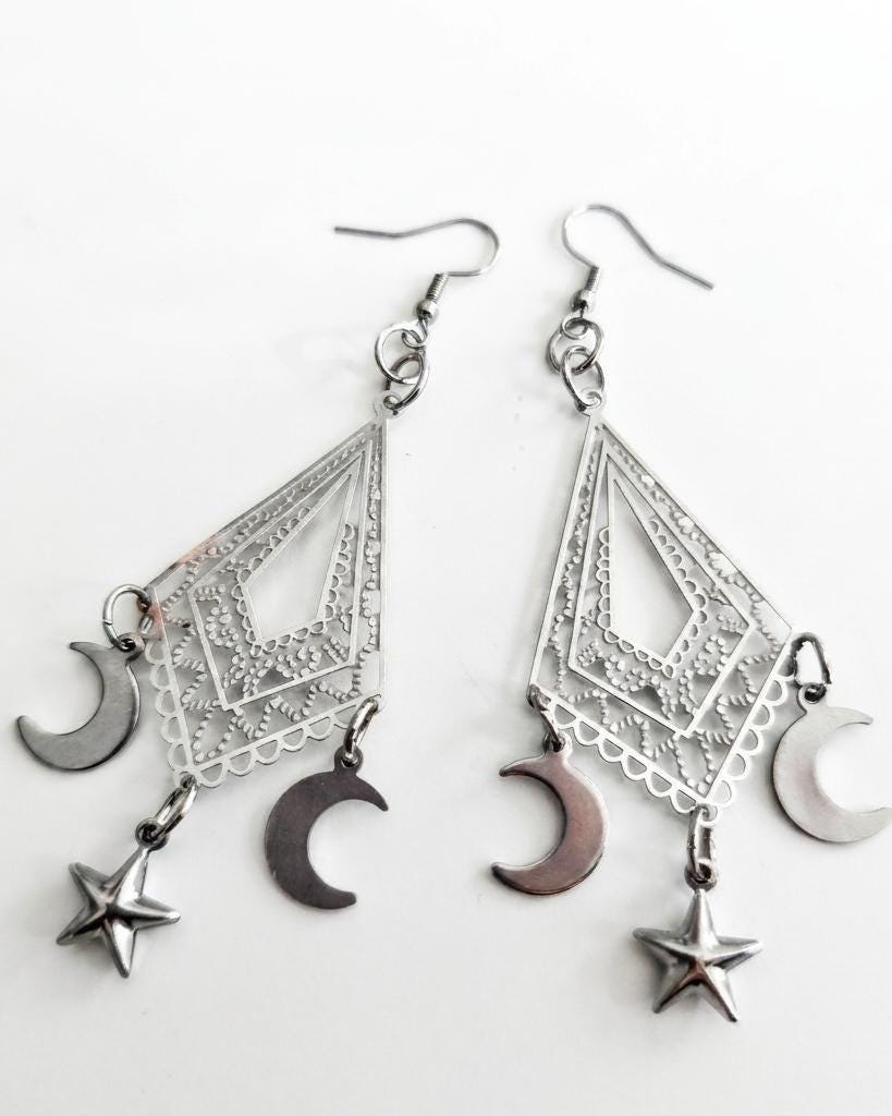 Crescent Moon Star Chandelier Dangle Earrings: Stainless Steel Witchy Celestial Jewelry