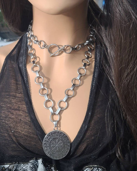 Norse Viking Medallion Vegsivir Wolf Chunky Chain Goth Choker Layered Necklace Set | A great Norse alt punk style jewelry gift for her