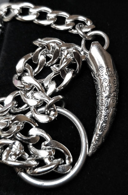 Steel Goth Slip Chain Dark Academia Style Lariat Leash  Collar Choker Necklace - Tusk Pendant, Chunky Grunge Necklace Gift for Her