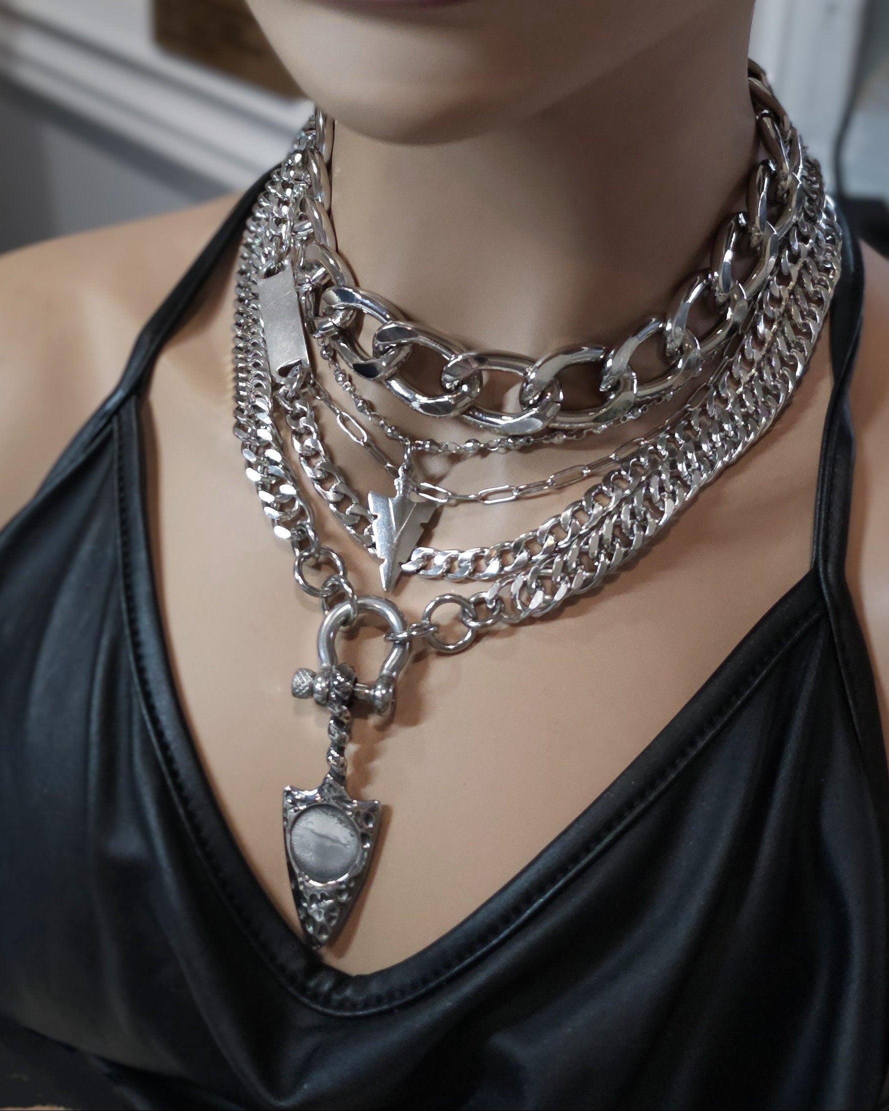 Layered Multi Strand Chunky Chain Gothic Choker Collar Necklace Set - non tarnish waterproof Handmade aesthetic jewelry gift for her