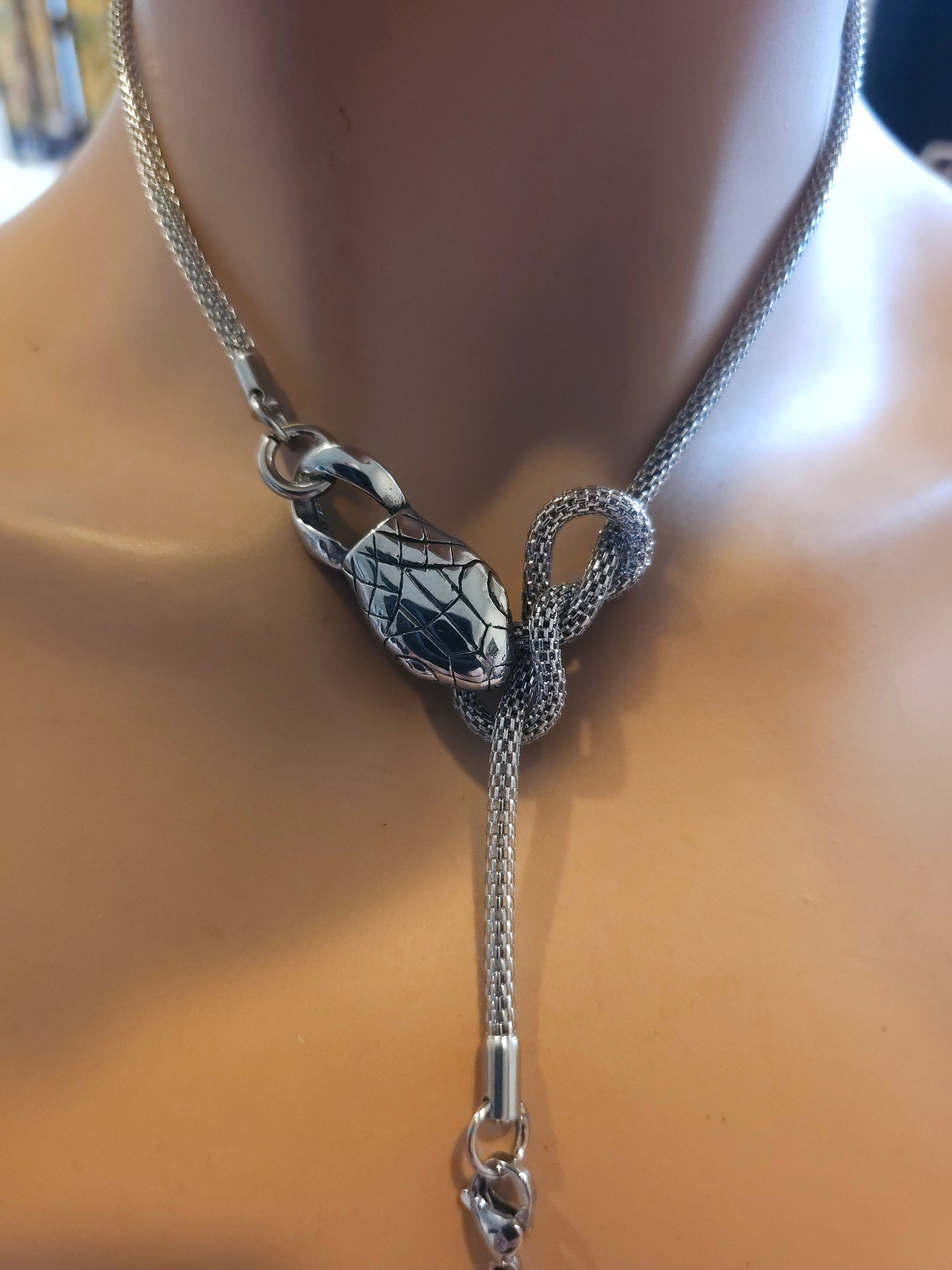 Steel Snake Medusa Ouroboros Stainless Steel Statement Necklace - Unique goth punk aesthetic snake jewelry wrap necklace gift for her