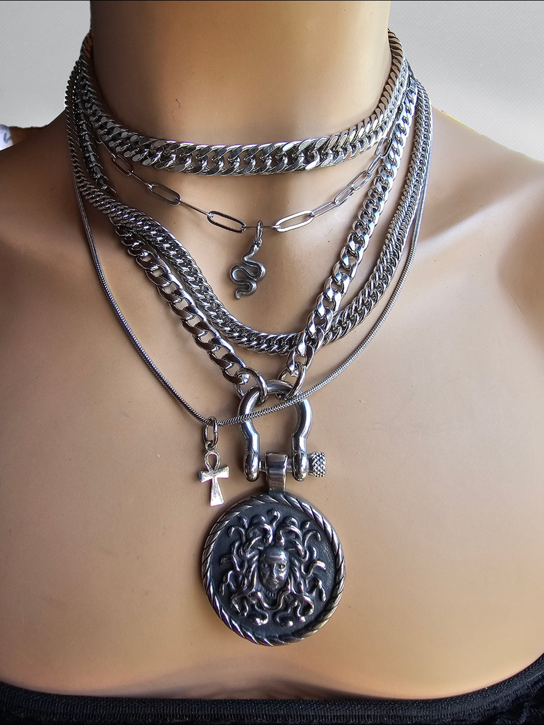 Steel Medusa Layered Multi Strand Chunky Chain Gothic Choker Collar Necklace Set - non tarnish Handmade punk aesthetic jewelry gift for her