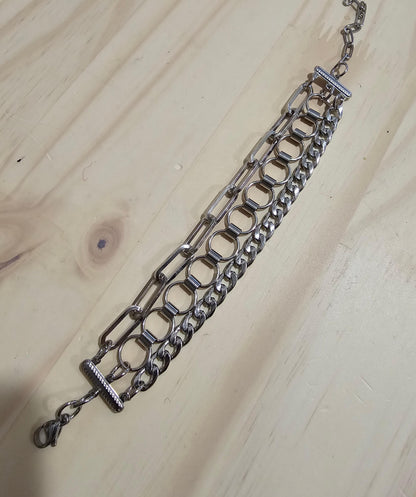 Layered Steel Multi-Strand Chunky Edgy Statement Wrap Bracelet - Adjustable 6 to 9 inches