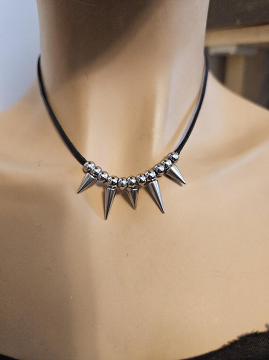 Boho Punk Leather & Steel Spike Beaded Choker Necklace - Handmade Hippy Grunge Alt Aesthetic Jewelry Gift for Her
