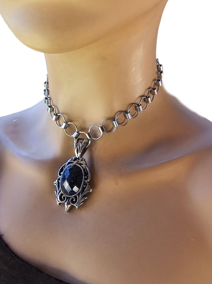 Steel Blue Goldstone Pendant Gothic Chainmail Choker Statement Necklace | punk alt aesthetic handmade jewelry gift for her