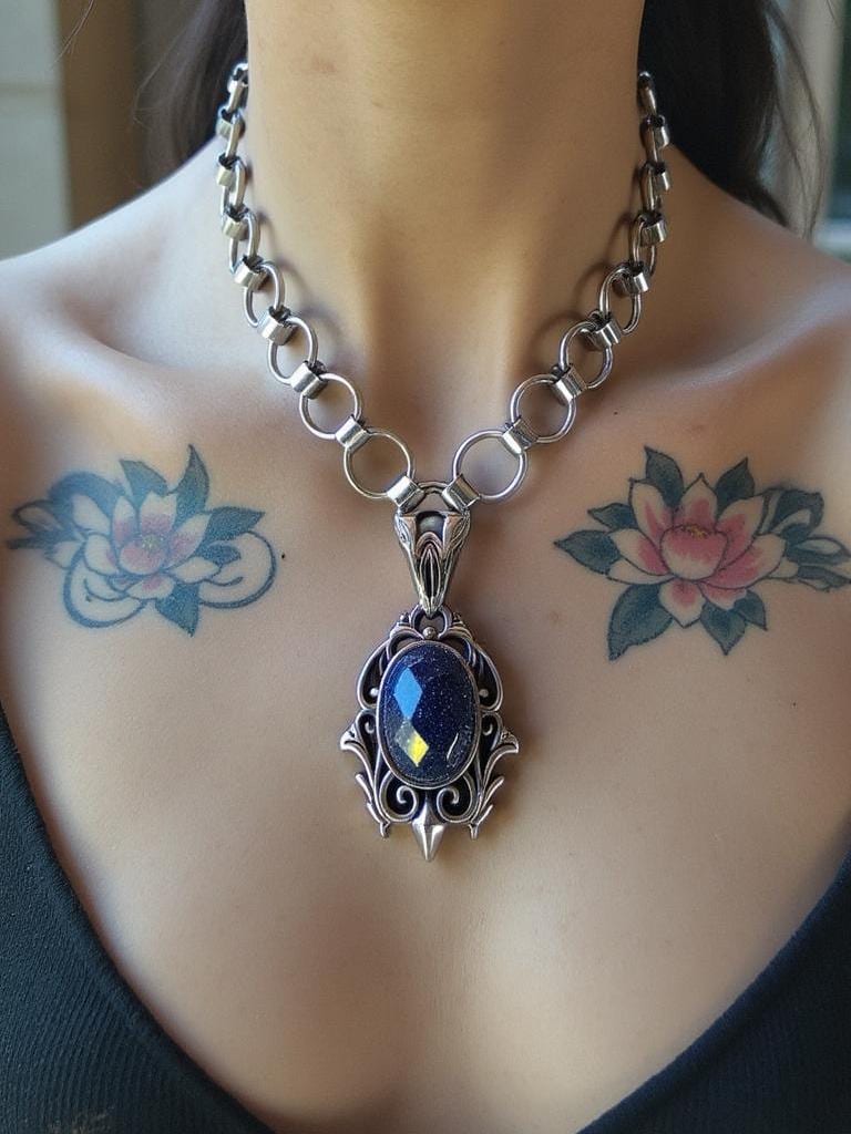Steel Blue Goldstone Pendant Gothic Chainmail Choker Statement Necklace