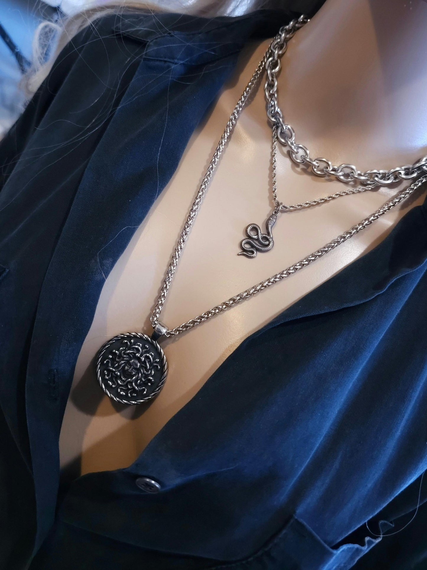 Steel Medusa Medallion Layered Snake Necklace Set - Handmade Alt Goth statement jewelry gift for her, waterproof