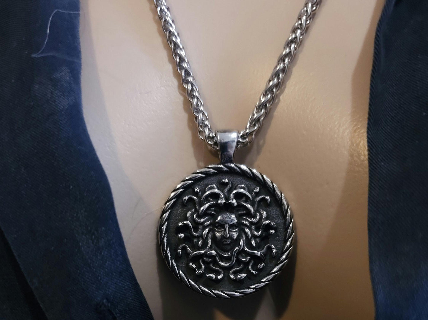 Steel Medusa Medallion Layered Snake Necklace Set - Handmade Alt Goth statement jewelry gift for her, waterproof