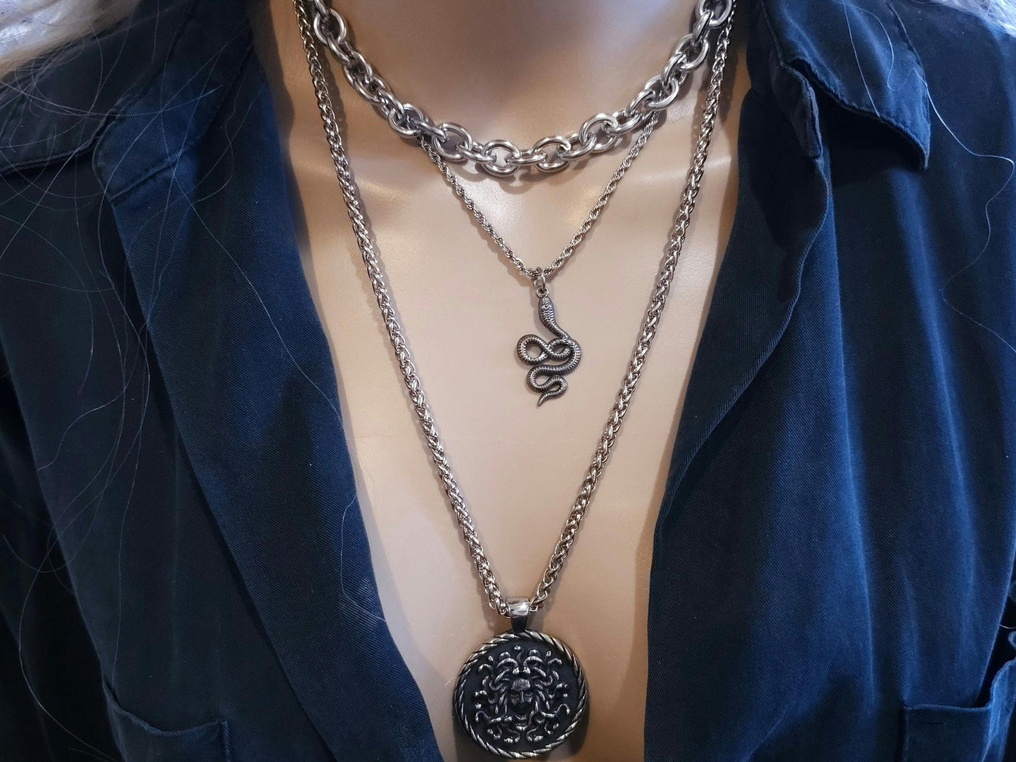 Steel Medusa Medallion Layered Snake Necklace Set - Handmade Alt Goth statement jewelry gift for her, waterproof