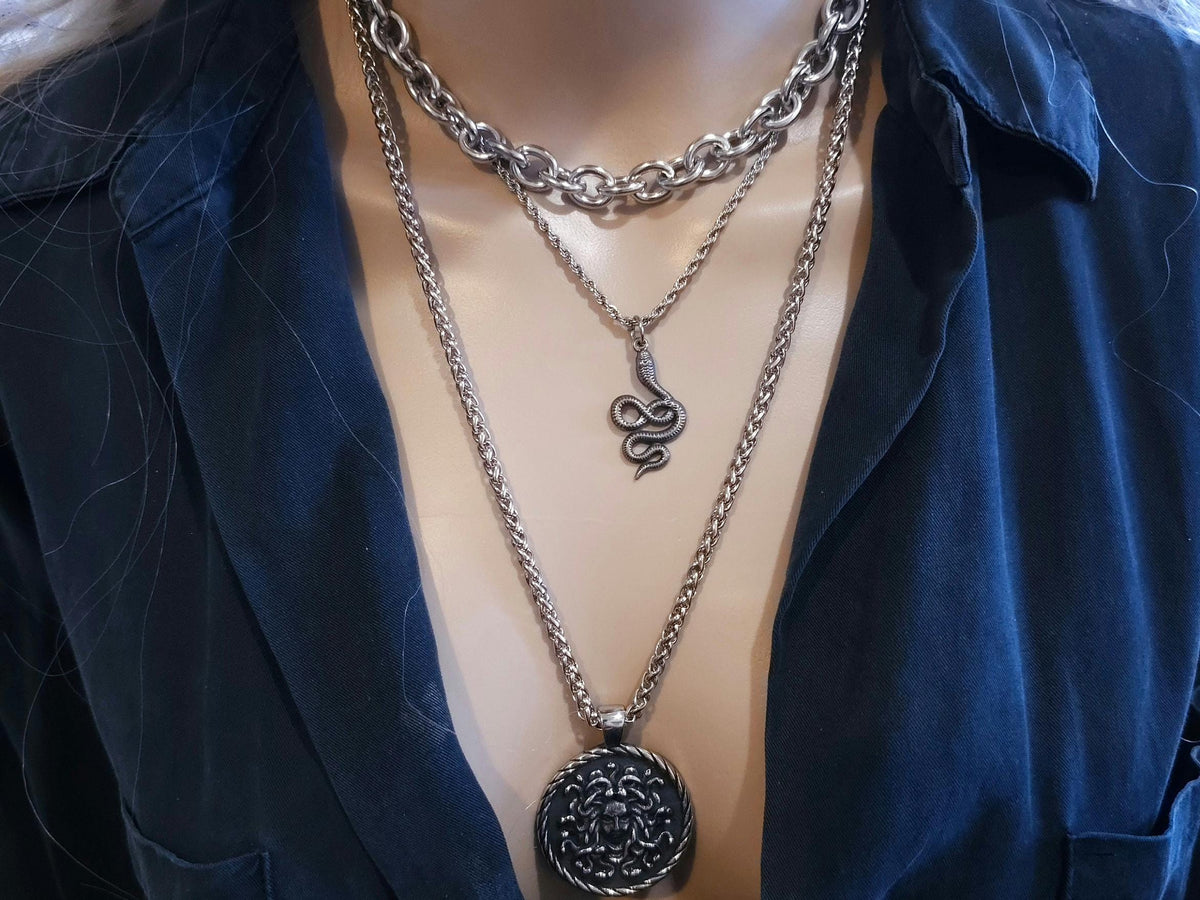 Steel Medusa Medallion Layered Snake Necklace Set - Handmade Alt Goth statement jewelry gift for her, waterproof