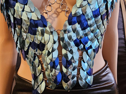 Metal Blue Breastplate Corset Armor, Fantasy Scalemail Dragon Scale Womens Armor, Royal Fae Gala Fairytale Costume, Viking, Fairy Cosplay