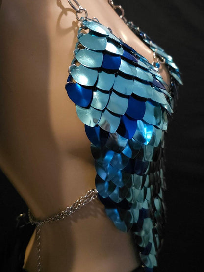 Metal Blue Breastplate Corset Armor, Fantasy Scalemail Dragon Scale Womens Armor, Royal Fae Gala Fairytale Costume, Viking, Fairy Cosplay