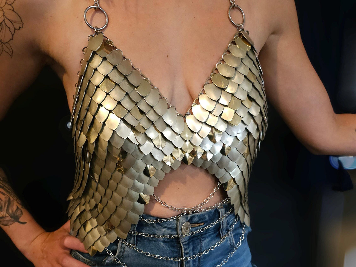 Metal Gold Breastplate Corset Armor, Fantasy Scalemail Dragon Scale Womens Armor, Royal Fae Gala Fairytale Costume, Viking, Fairy Cosplay