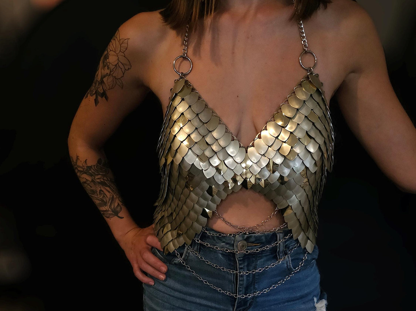Metal Gold Breastplate Corset Armor, Fantasy Scalemail Dragon Scale Womens Armor, Royal Fae Gala Fairytale Costume, Viking, Fairy Cosplay