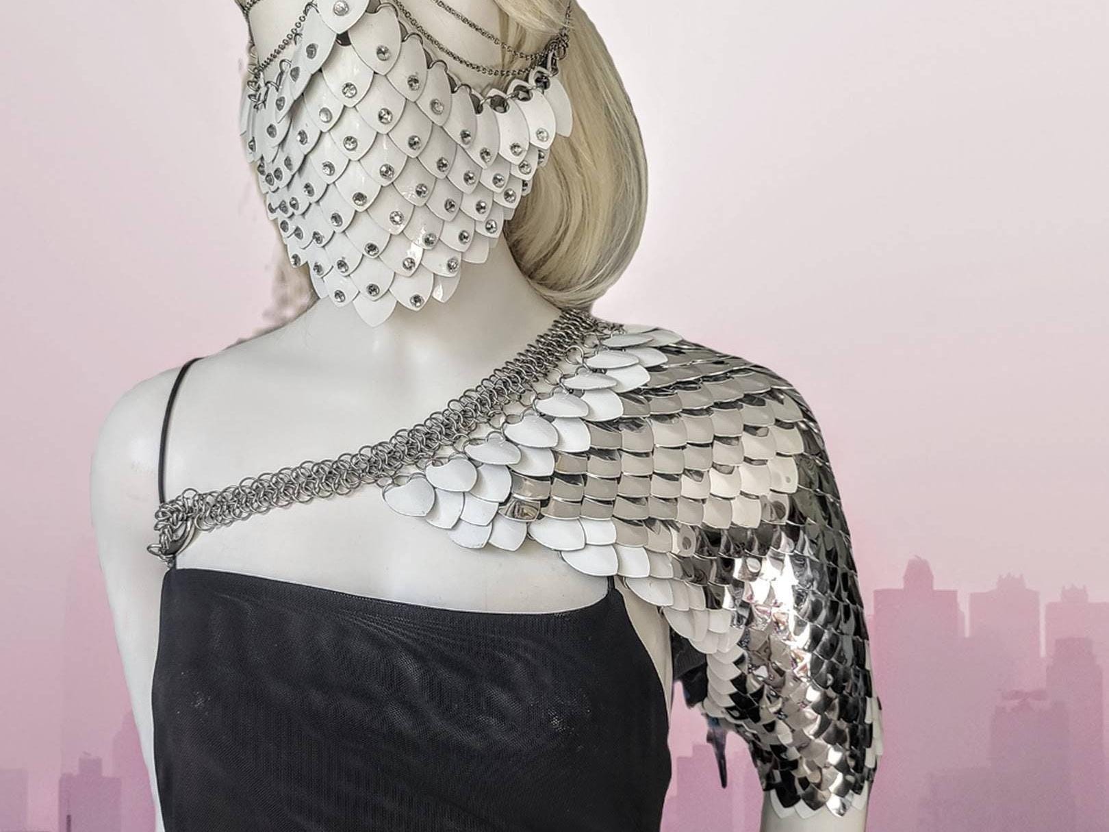 Metal Silver Shoulder Armor, Fantasy Scalemail Dragon Scale Womens Armor, Royal Fae Gala Fairytale Costume, Viking, Fairy Cosplay, Bookish