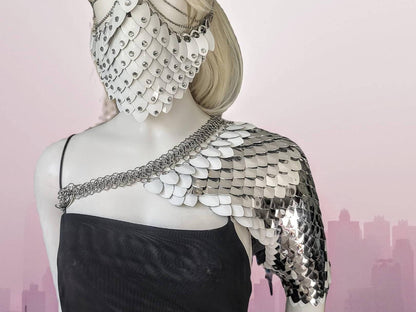 Metal Silver Shoulder Armor, Fantasy Scalemail Dragon Scale Womens Armor, Royal Fae Gala Fairytale Costume, Viking, Fairy Cosplay, Bookish